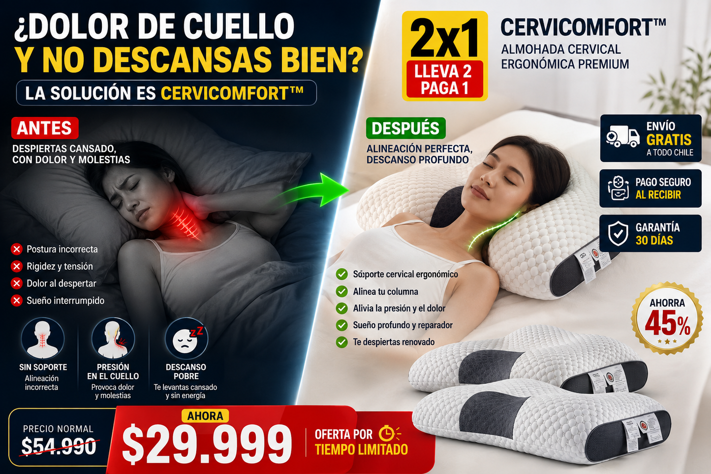 2x1 CerviComfort™ | Almohada Cervical Ergonomica Premium